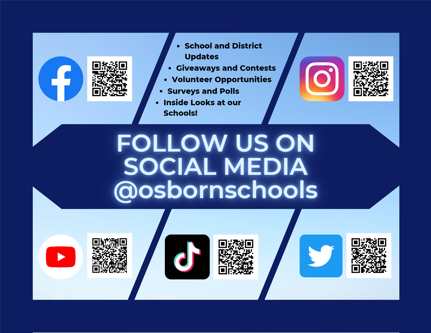 Follow us on social media @ osbornschools - Facebook, instagram, youtube, tiktok, and twitter